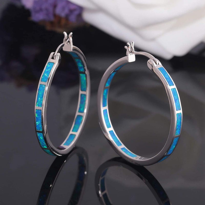 CiNily Blue Opal Hoop Earrings for Women,Big Hoop Earrings Large Opal Jewelry Rhodium Plated Gemstone Earrings 32mm - Image 3